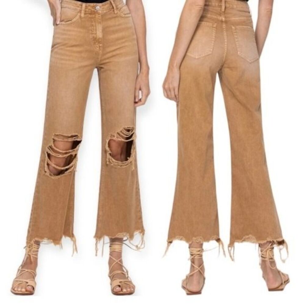 Vervet Caramel Brown Ripped Knee Jeans Wide Leg Raw Hem Cropped Flare Grunge Y2K